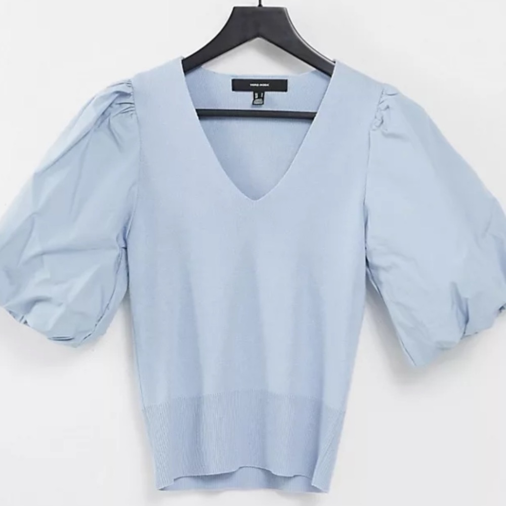 Vero Moda knit top with v neck and puff sleeves in pale blue